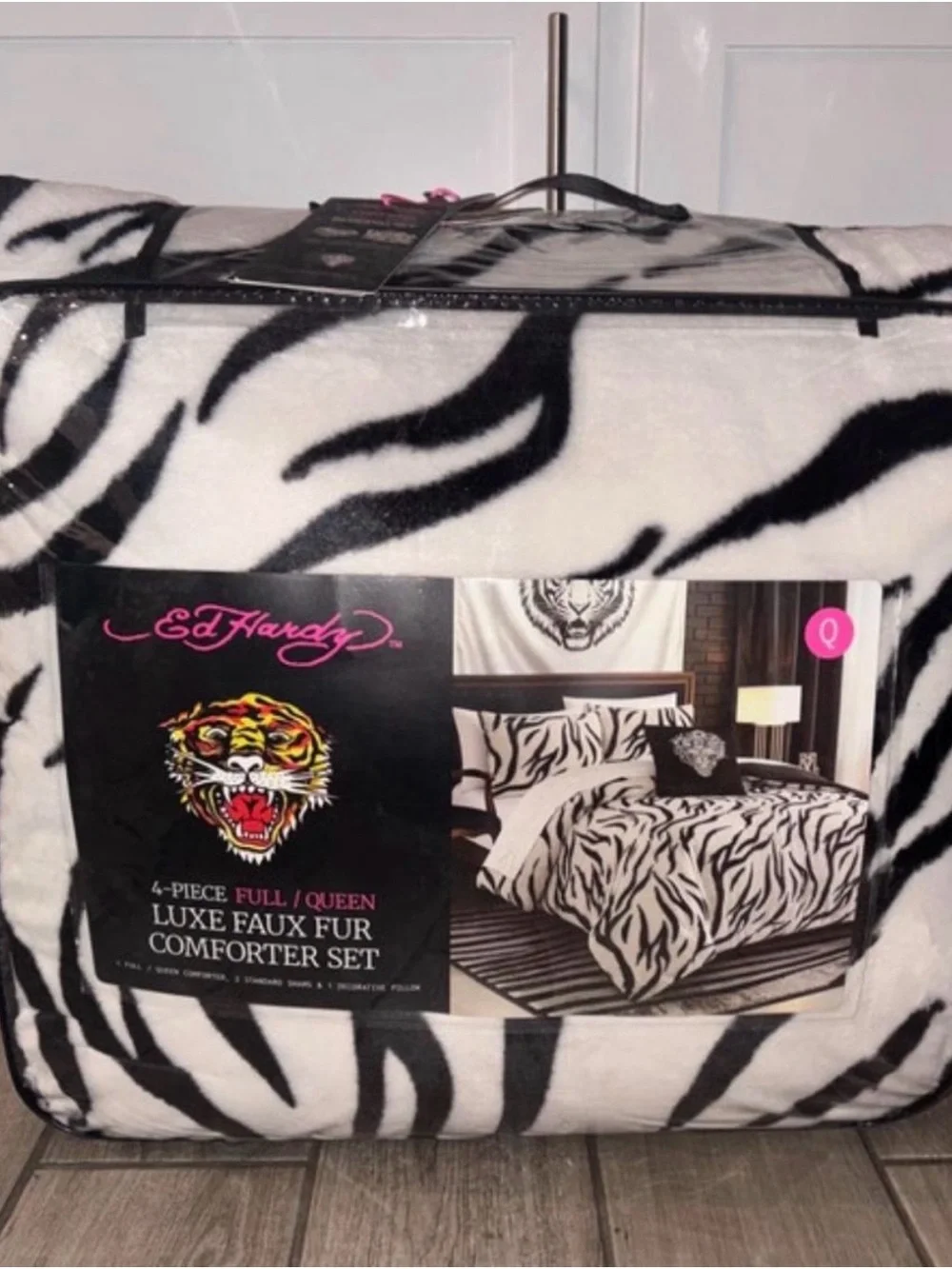Ed Hardy Black and White Zebra Faux Fur Comforter Set - Full/Queen
